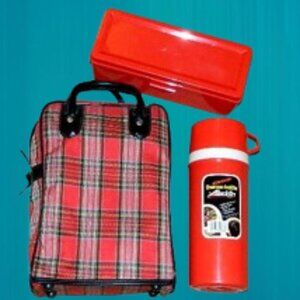 Vintage ALADDIN Picnic Set Red Plaid Thermos Lunch Box